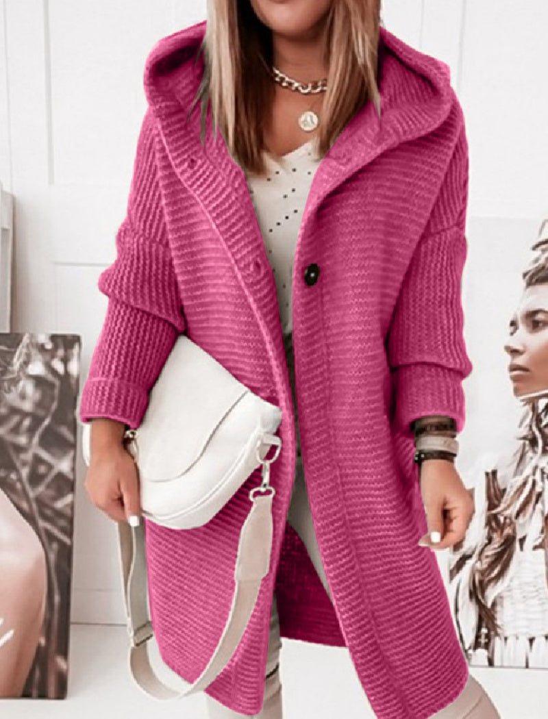 Oversized Button-Up Knit Hooded Cardigan