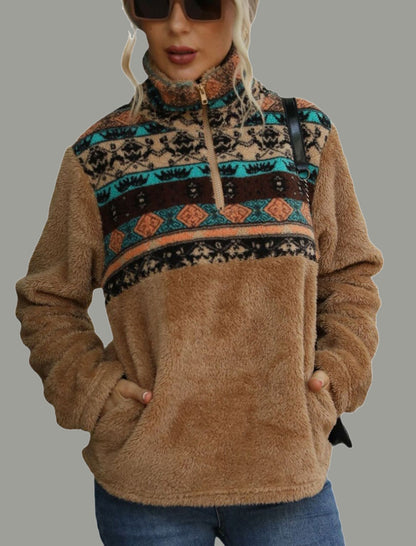 Plush Floral Half-Zip Stand Collar Pullover