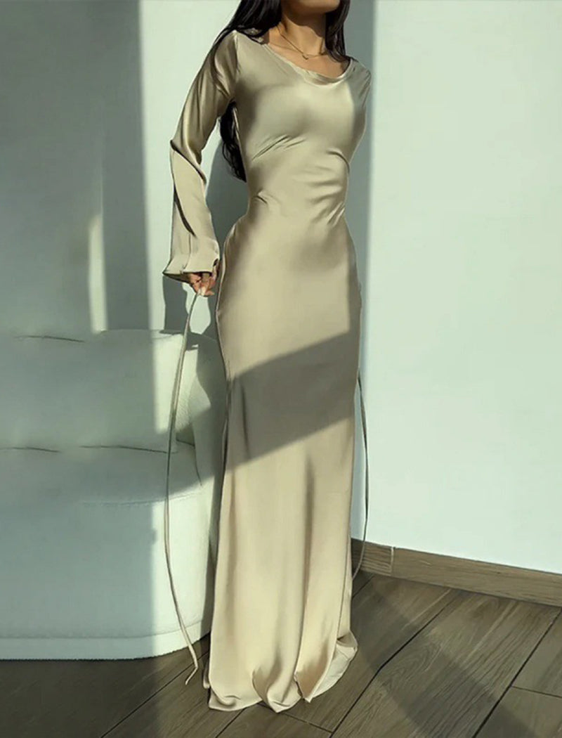 Bell-Sleeve Satin Maxi Dress