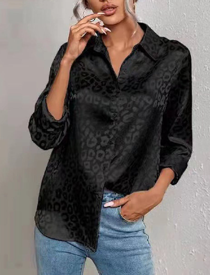 Long Sleeve Satin Jacquard Leopard Shirt