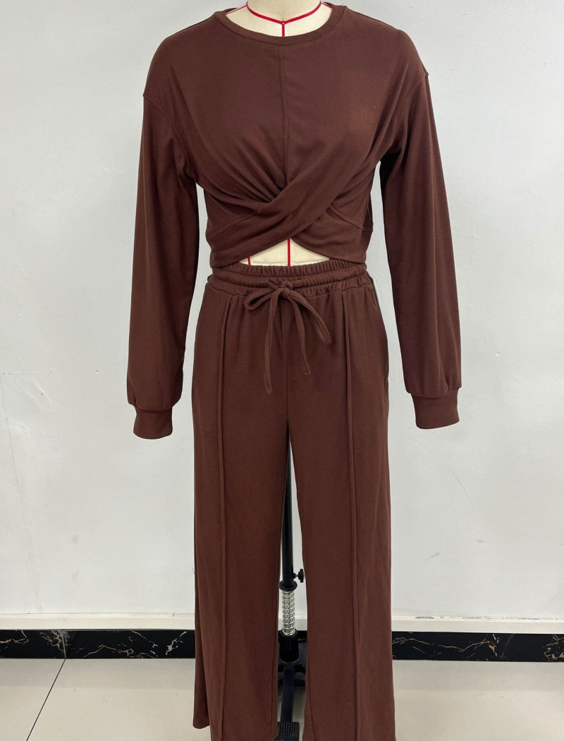 Knotted Cropped Top and Drawstring Pants Set