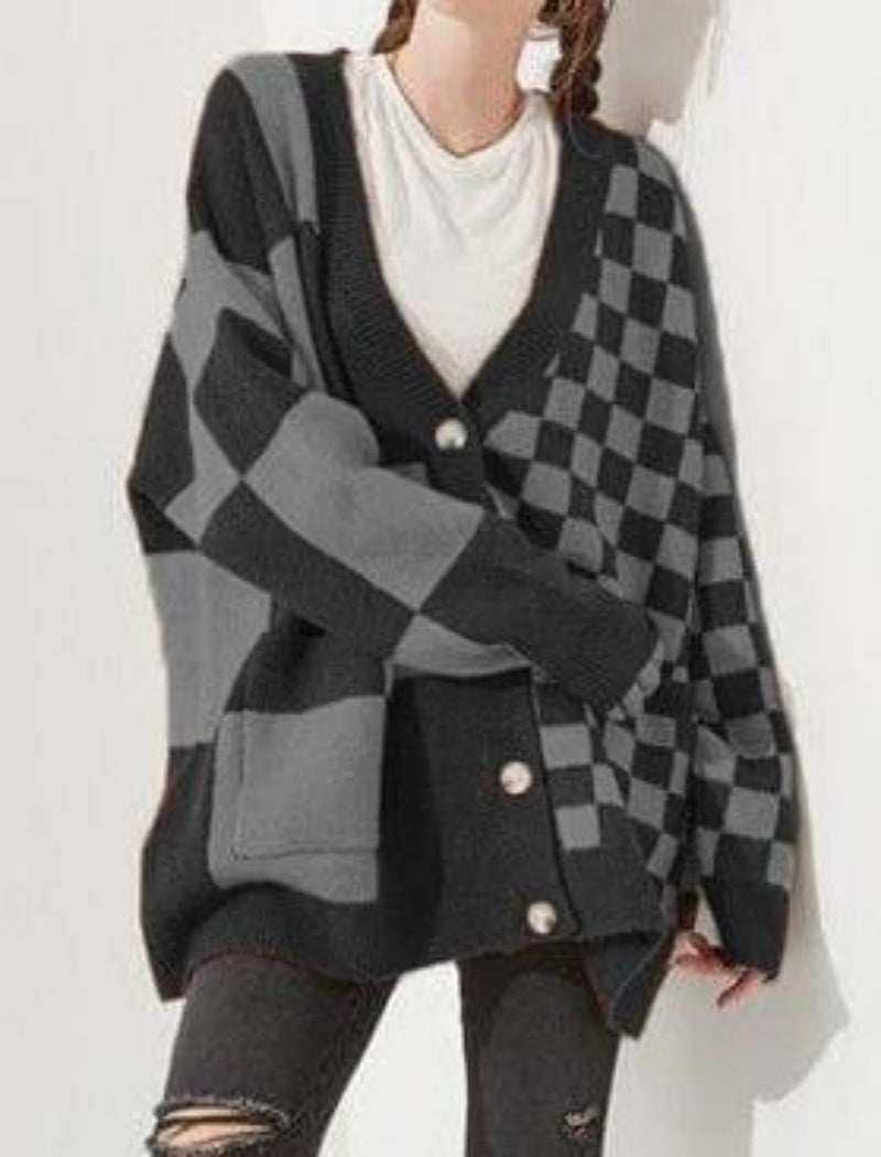 Checkered Oversized Button-Up Cardigan