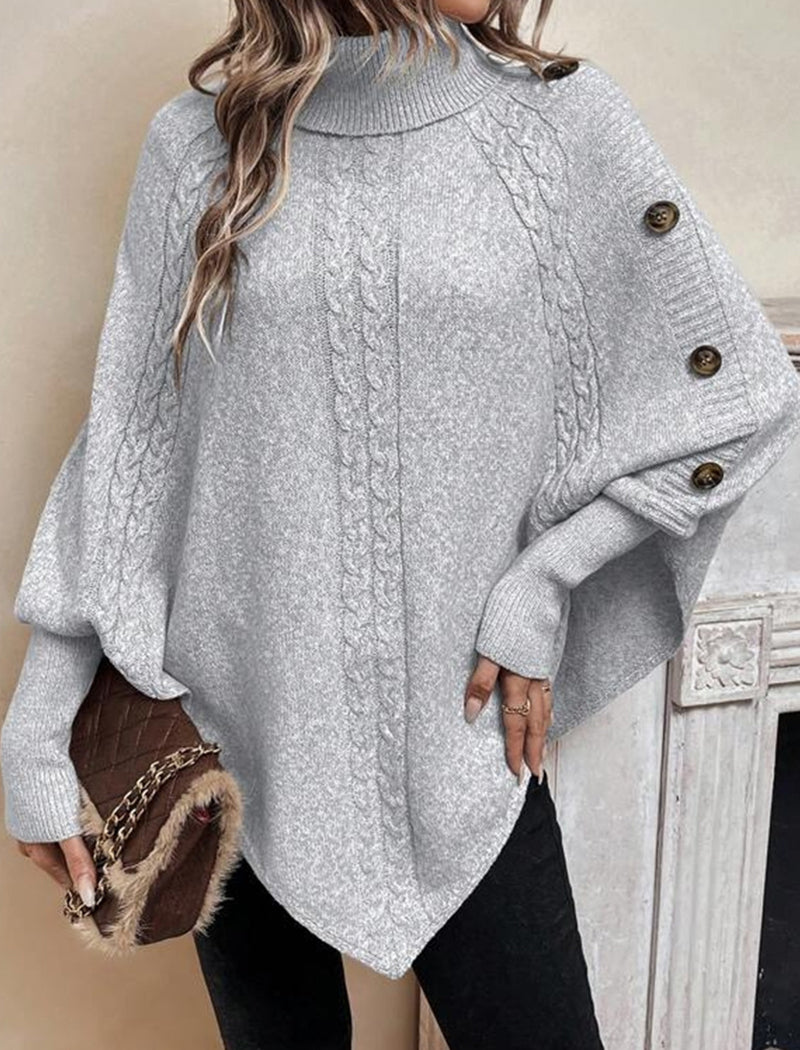 Cable Knit Button-Accent Poncho Sweater