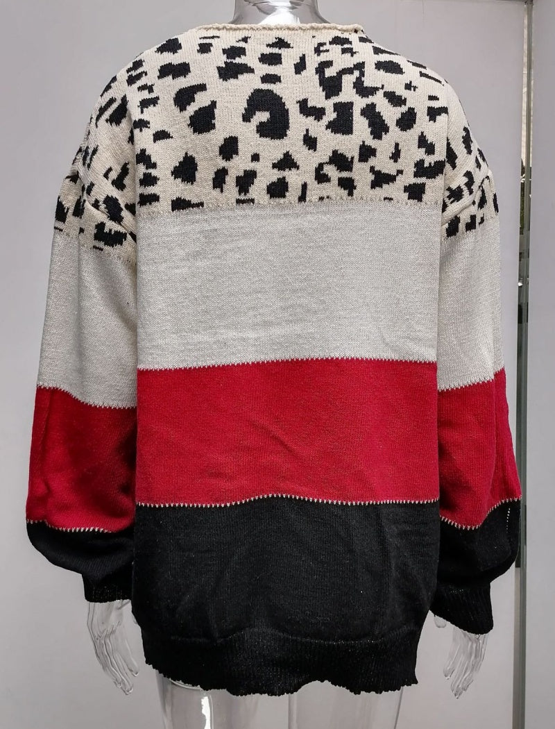 Leopard Print Colorblock Sweater with V-Neck