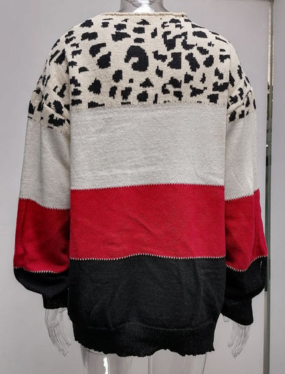 Leopard Print Colorblock Sweater with V-Neck