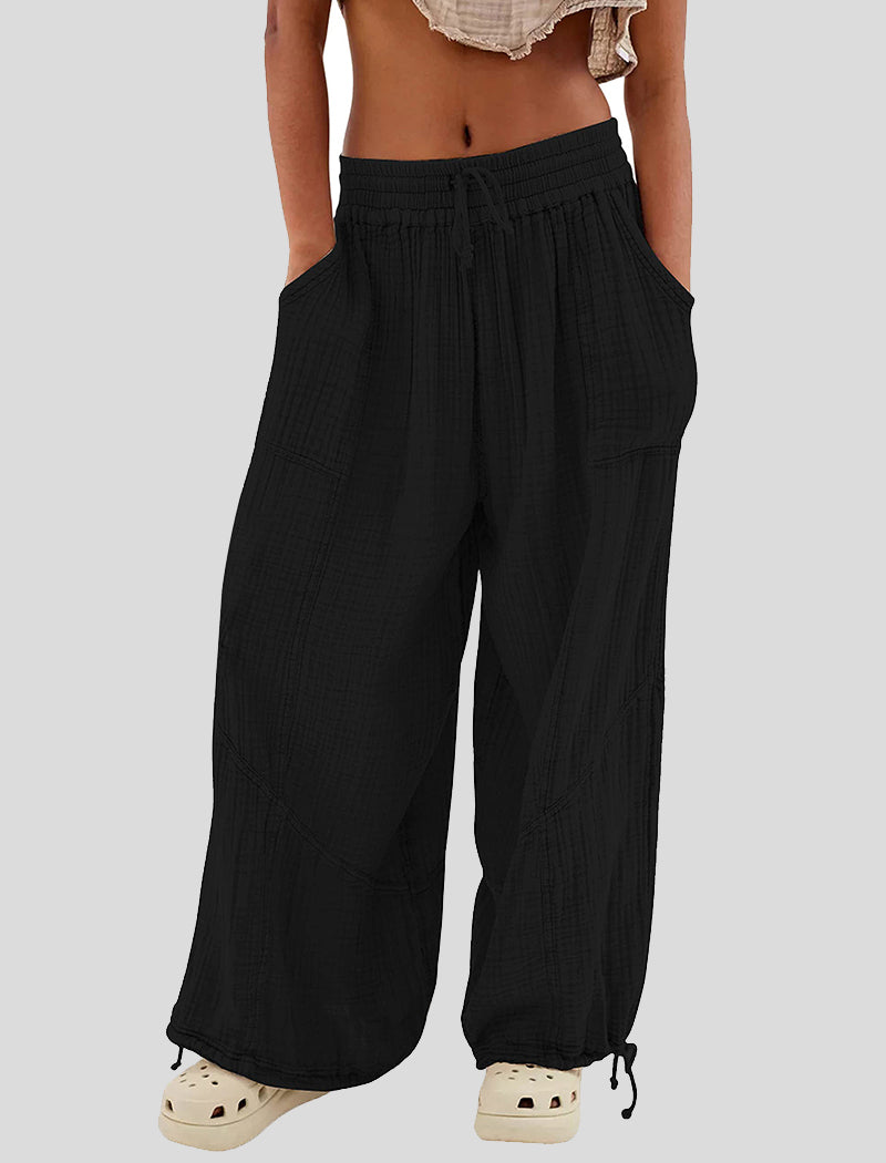 Solid Color Tie-Waist Wide-Leg Pants