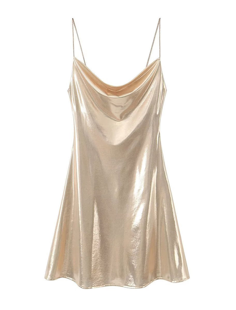 Shiny Cowl Neck Mini Dresses