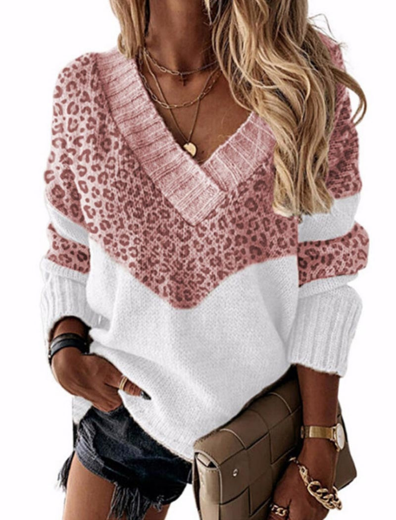 Leopard Print V-Neck Sweater with Colorblock Design
