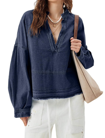 Distressed Hem Denim Pullover Top