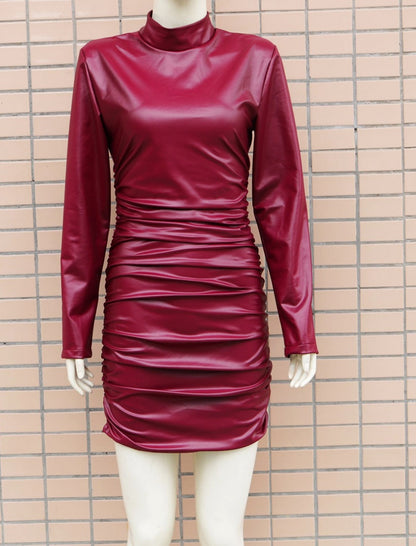 High-Neck Faux Leather Mini Dress