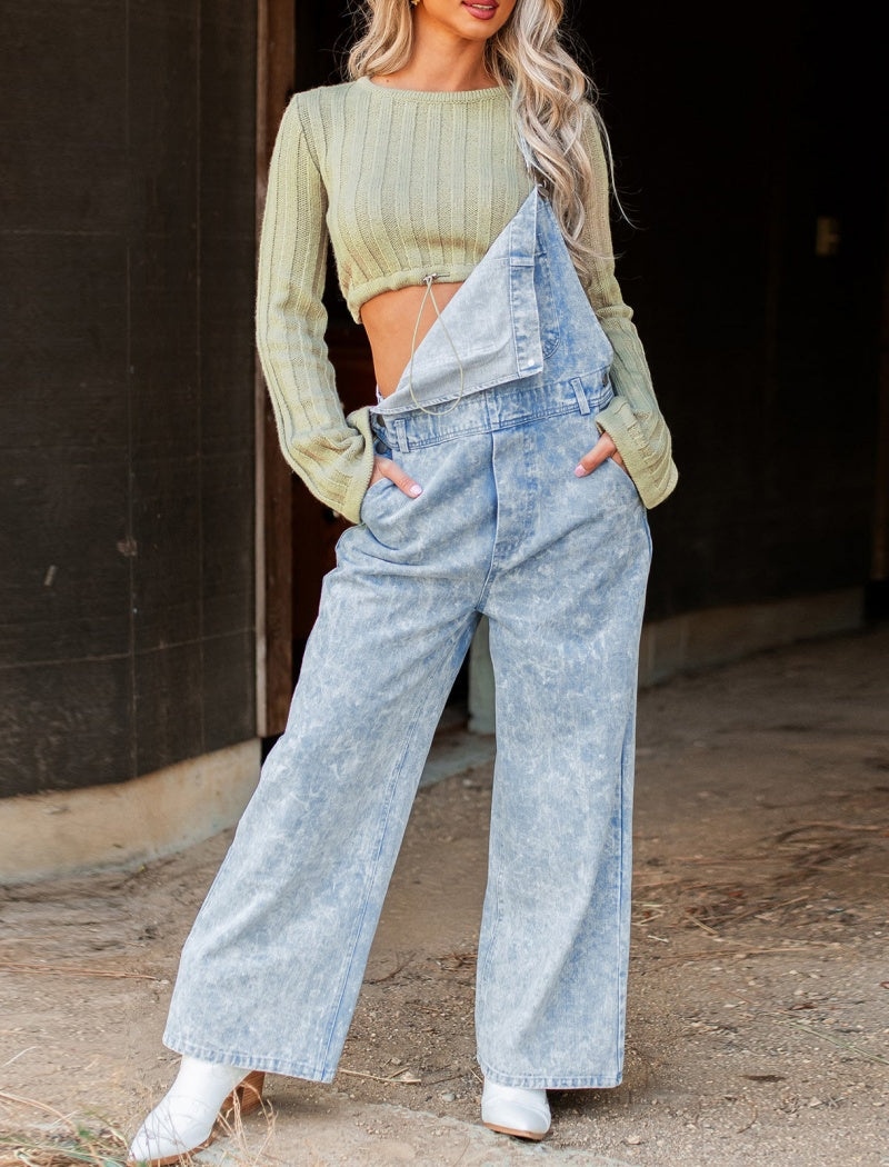 Wash Effect Wide-Leg Overalls