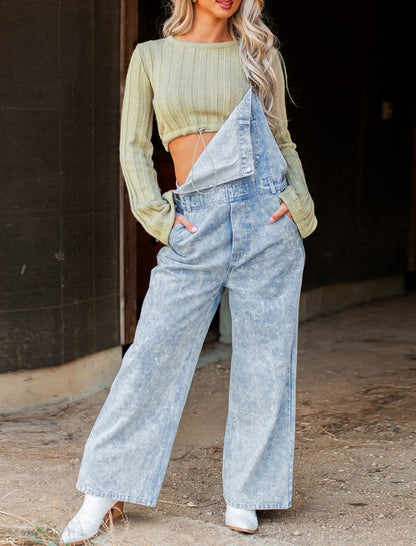 Wash Effect Wide-Leg Overalls