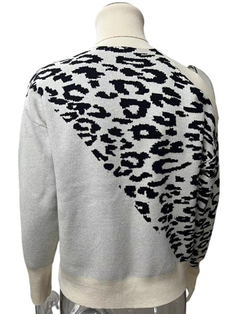 Leopard Print Off-Shoulder Knit Sweater