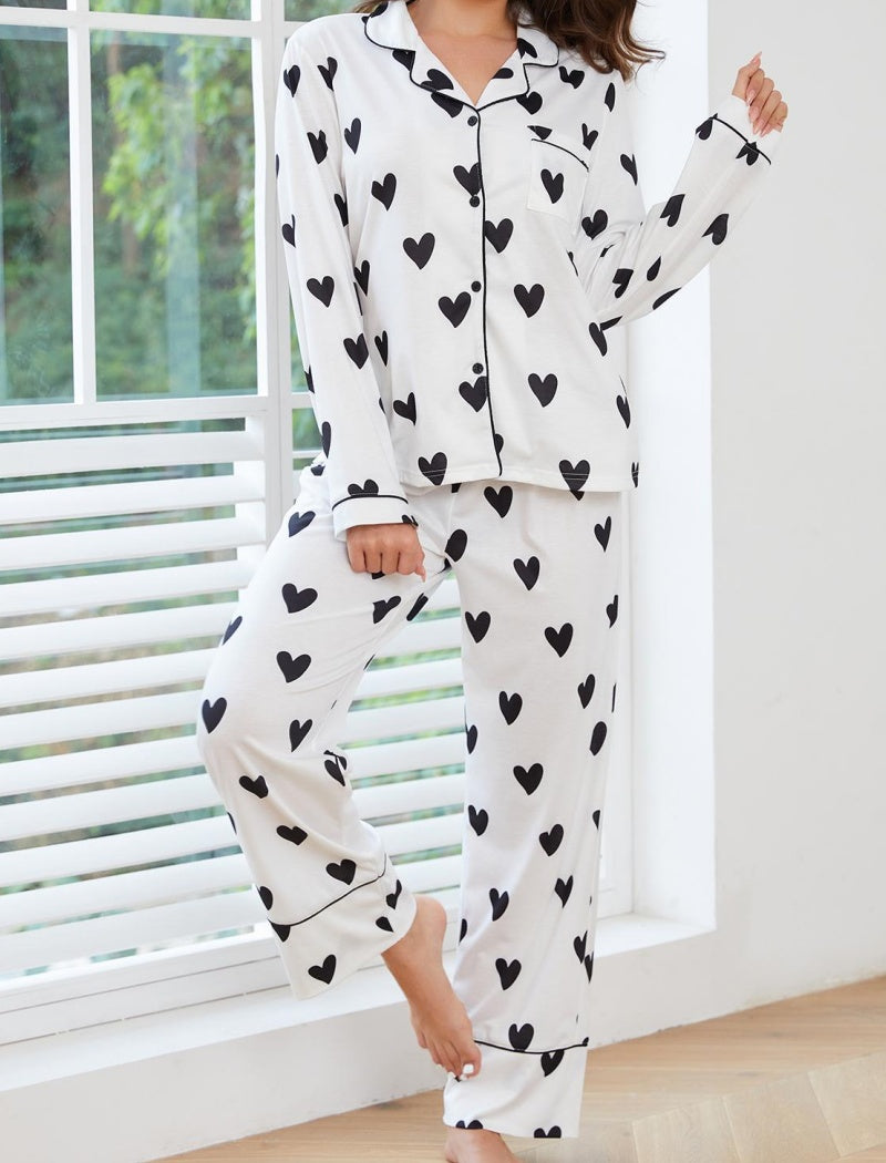 Heart Print Long Sleeve Shirt and Pants Set