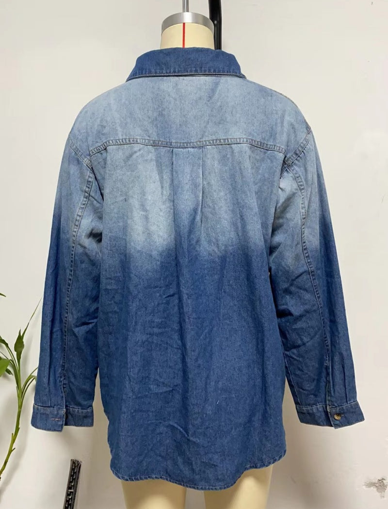 Button-Up Denim Shirt with Front Pockets