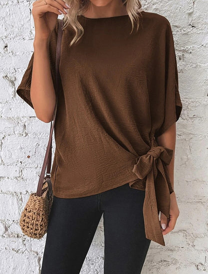 Solid Batwing Sleeve Knot Hem Loose Top