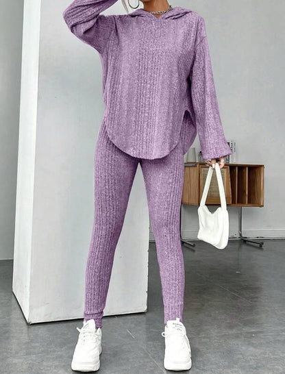 Solid Ribbed Loose Hooded Pants Set