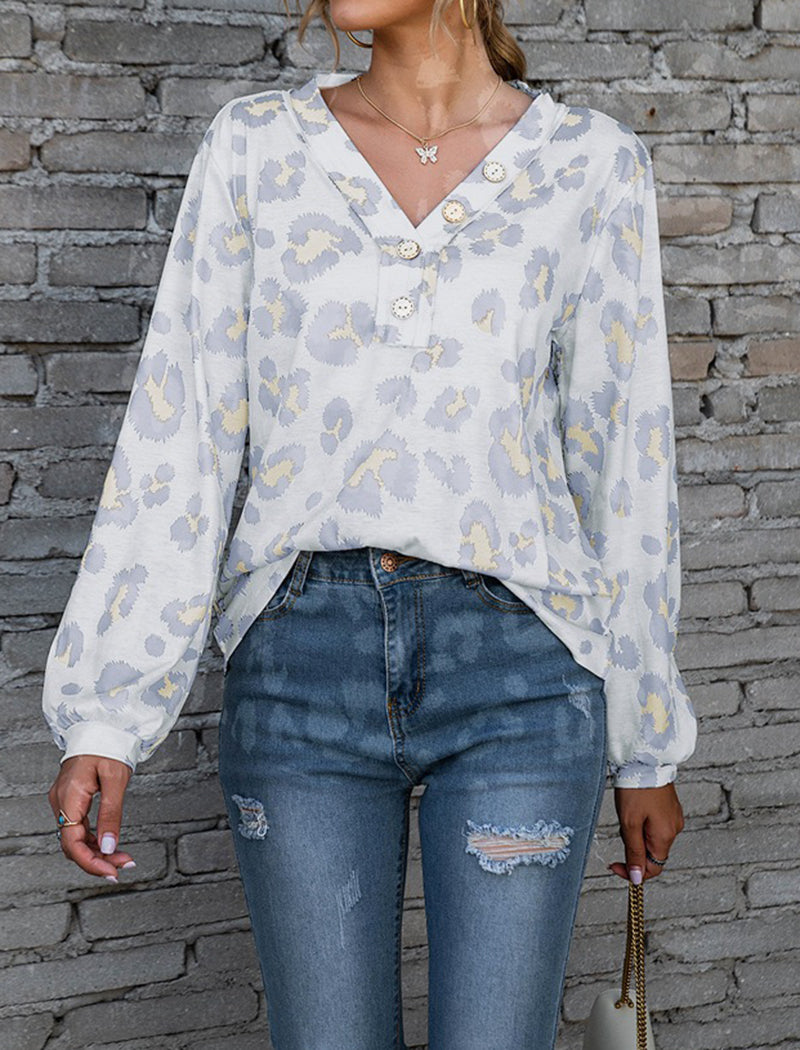 Leopard Print V-Neck Off-Shoulder Long Sleeve Top