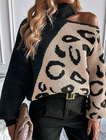 Leopard Patchwork High Neck Knit Pullover
