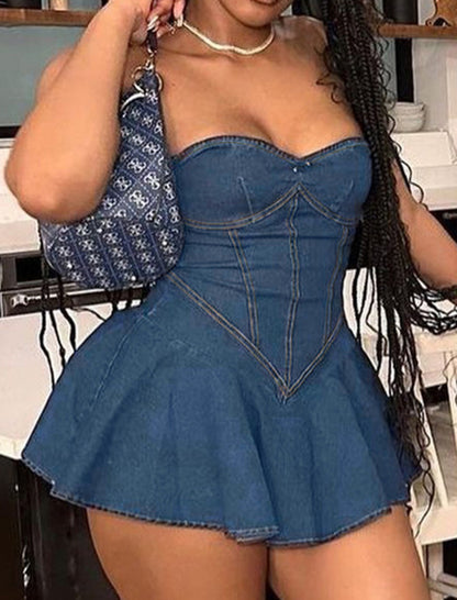 Flared Hem Strapless Denim Mini Dress