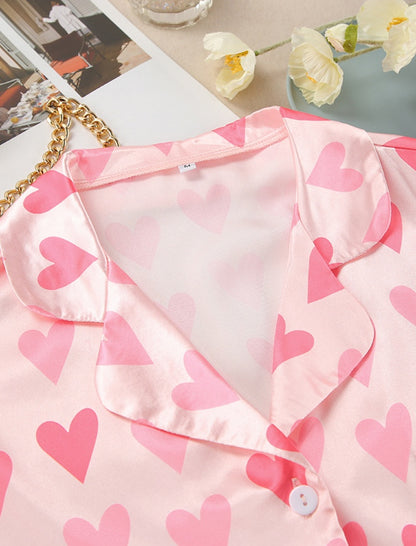 Heart Pattern Button-Up Pajama Set