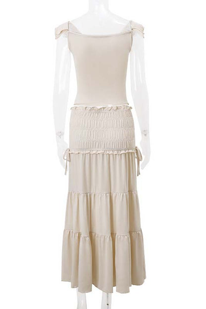 Off-Shoulder Ruched Top and Tiered Skirt Set