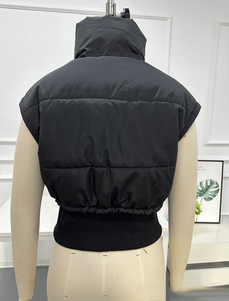 Crop Padded Vest with Drawstring and Zipper