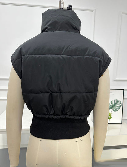 Crop Padded Vest with Drawstring and Zipper