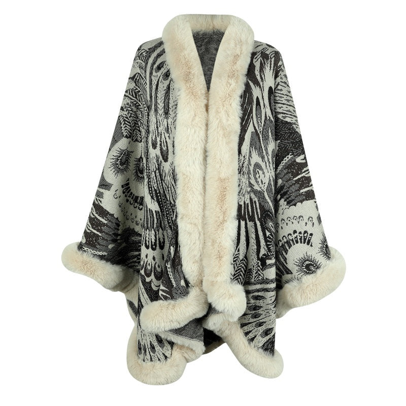 Faux Fur Trimmed Printed Cape