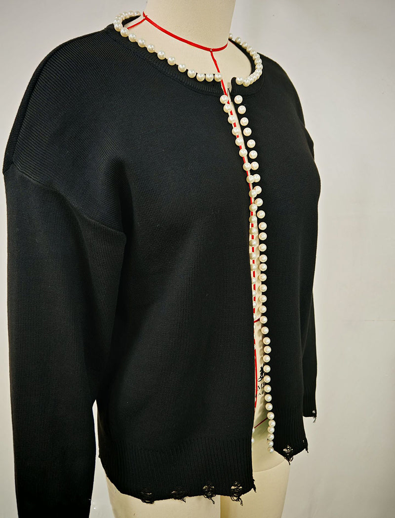 Pearl Trim Open-Front Knit Cardigan