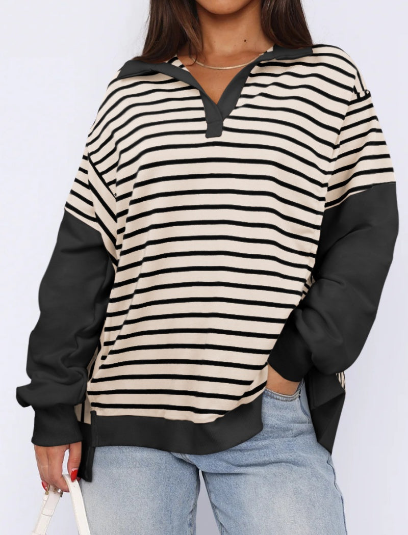 Striped Oversized Pullover with V-Neck