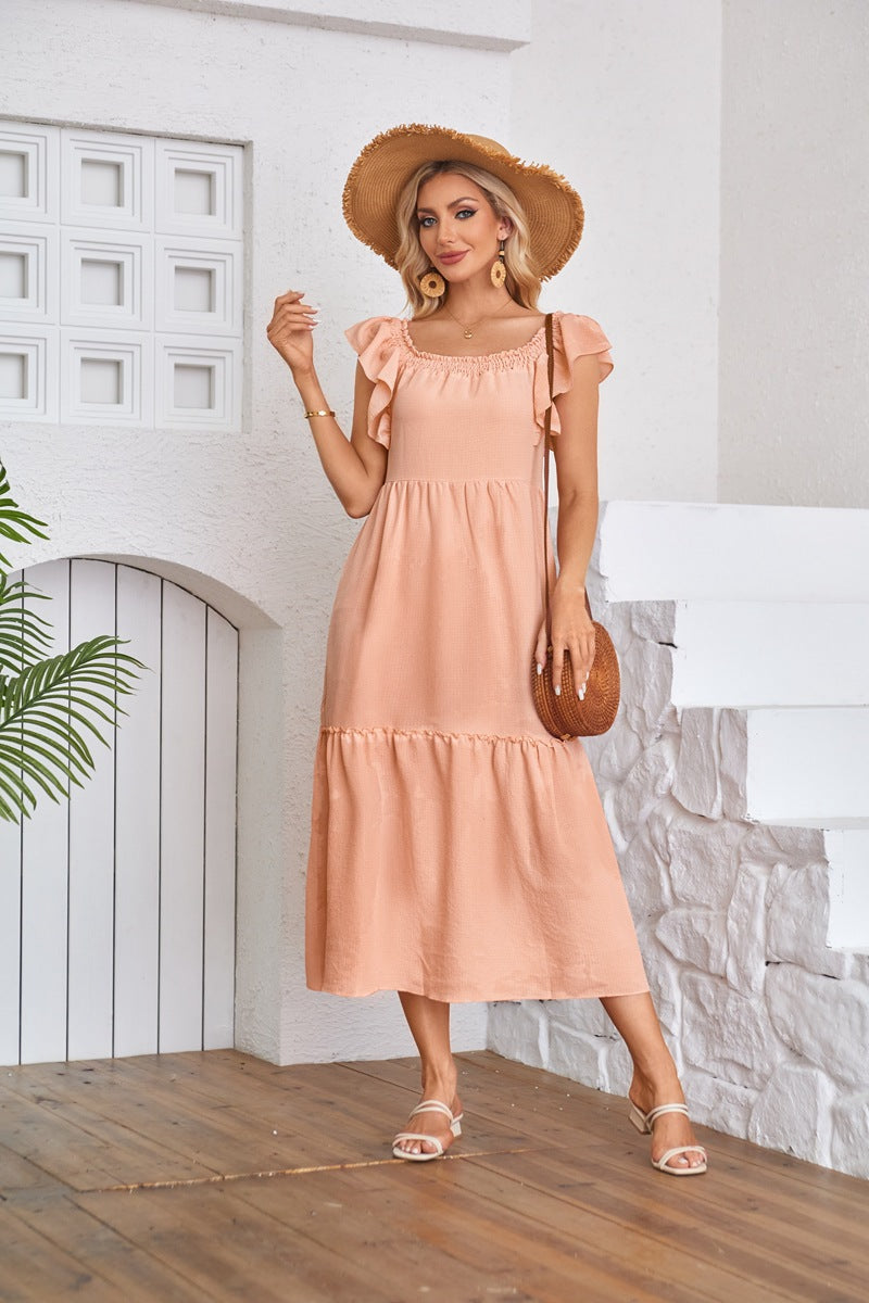 Solid Ruffle Sleeve Midi Dress