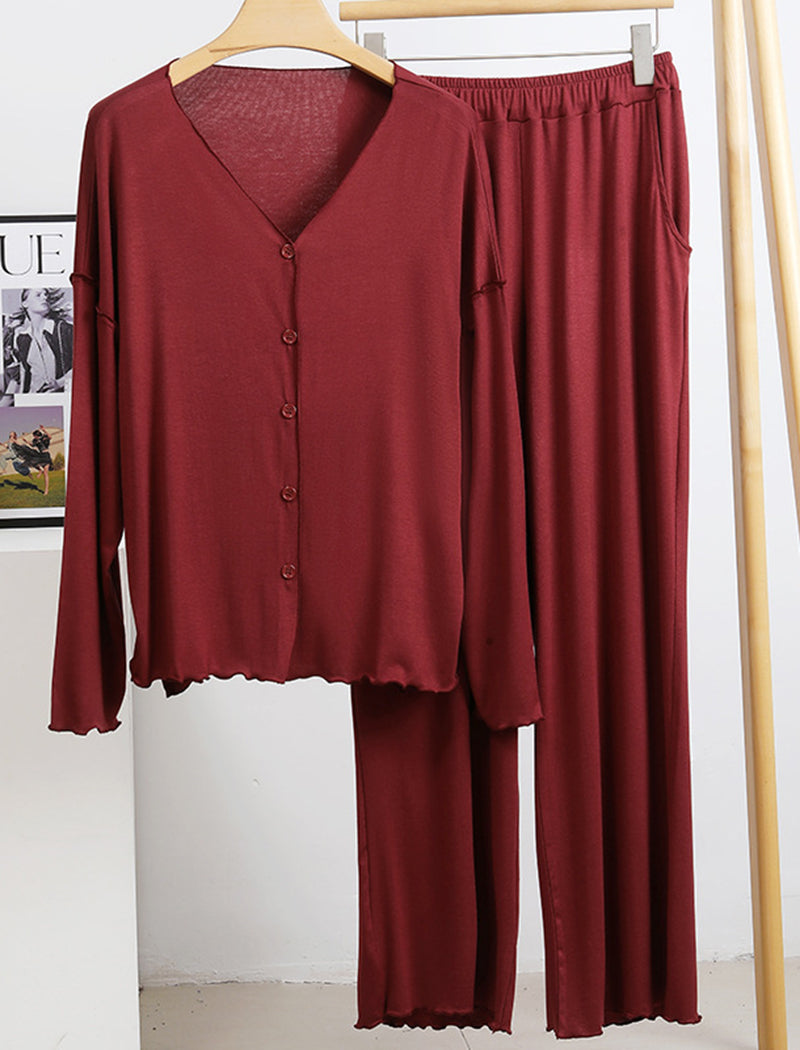 Long Sleeve Ruffle Trim Cardigan and Pants Loungewear Set