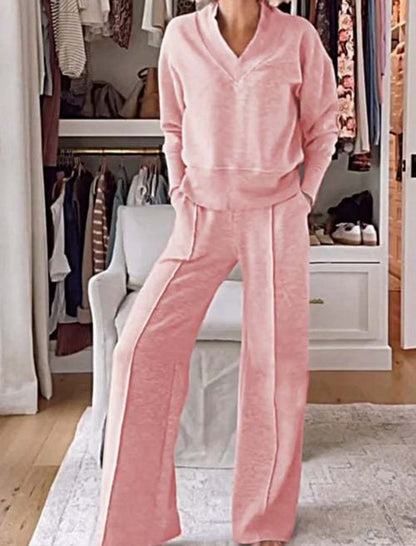 Ribbed Loungewear Set with Wide-Leg Pants