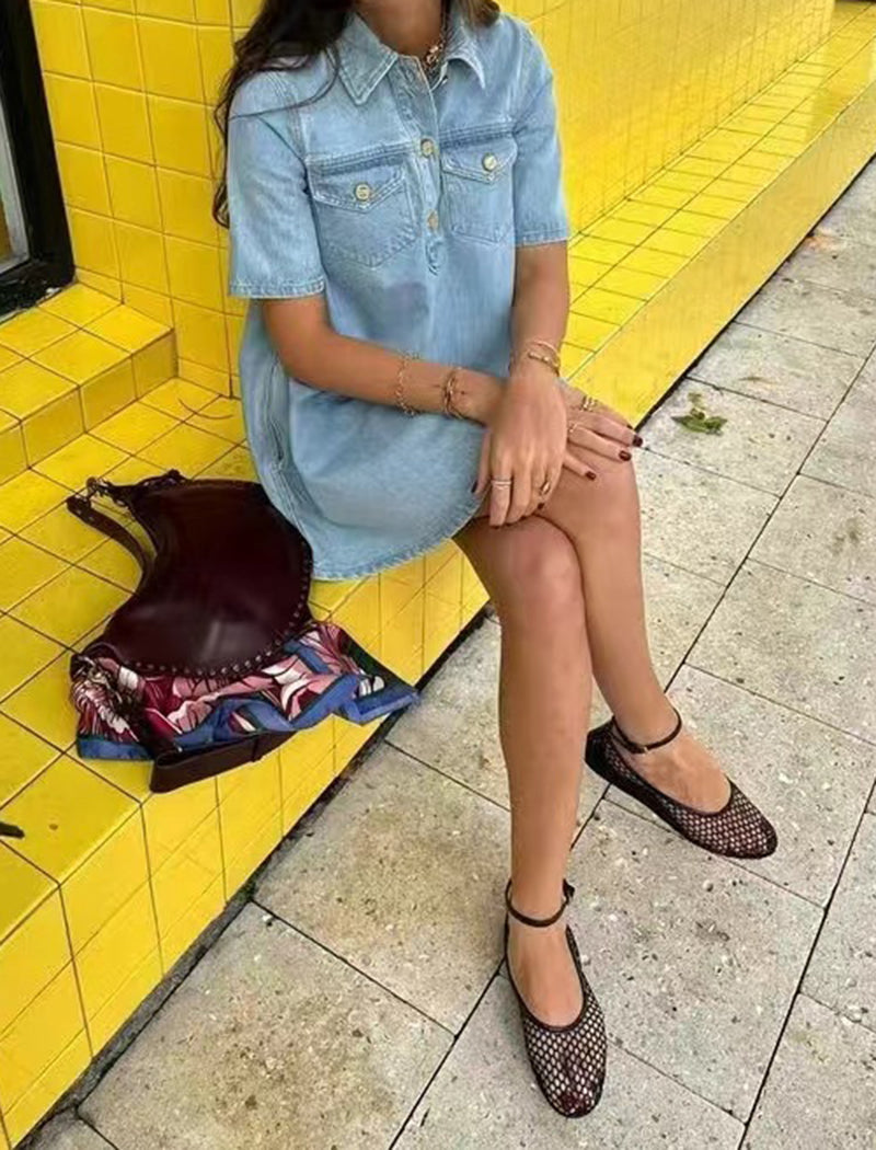 Short-Sleeve Denim Mini Dress