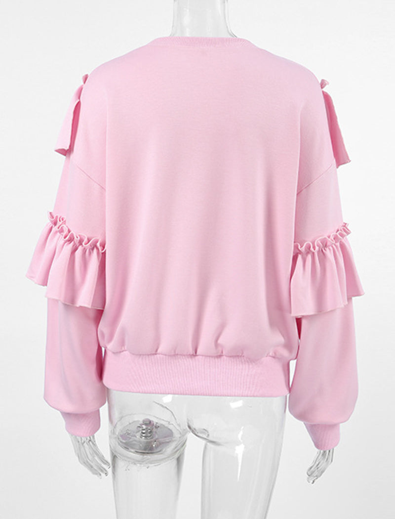 Ruffle Neckline Crewneck Drop-Shoulder Top