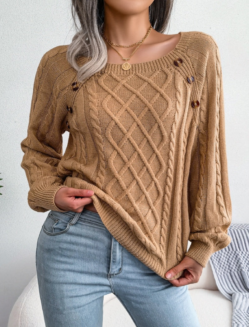 Cable Knit Sweater with Button Accents