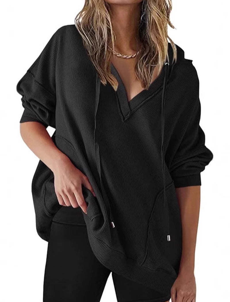 V-Neck Waffle Knit Solid Long Sleeve Hoodie