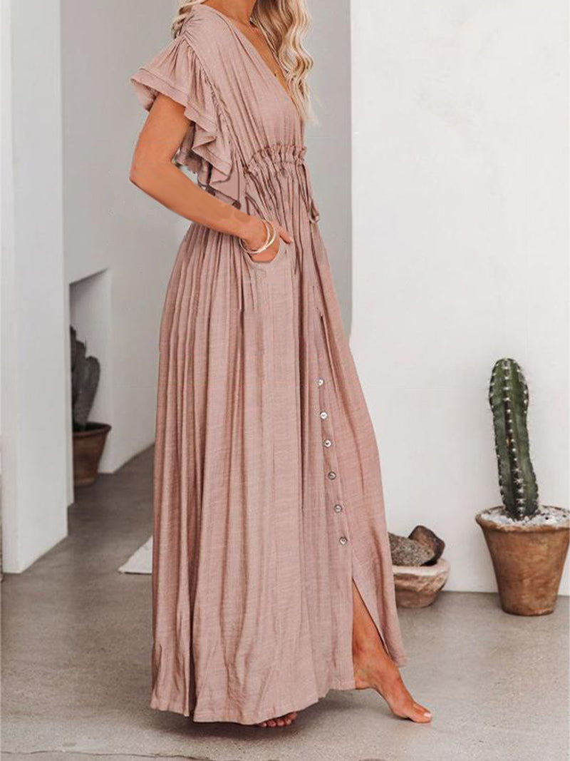 Button Front Drawstring Maxi Dress