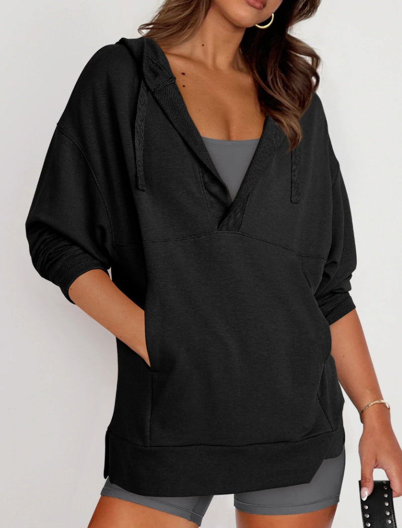 Relaxed Hoodie with V-Neckline Top