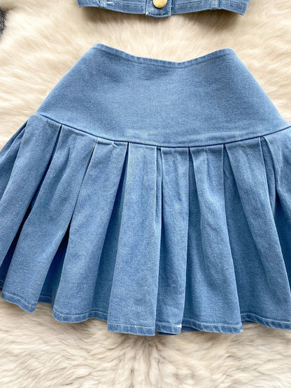 Denim Corset Top &amp; Pleated Mini Skirt Set