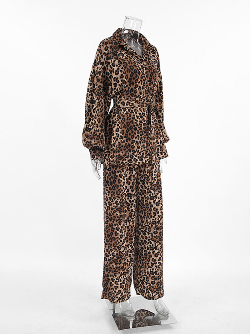 Leopard Shirt and Wide-Leg Pants Set