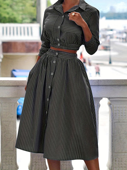 Striped Button-Up Shirt and Skirt Set