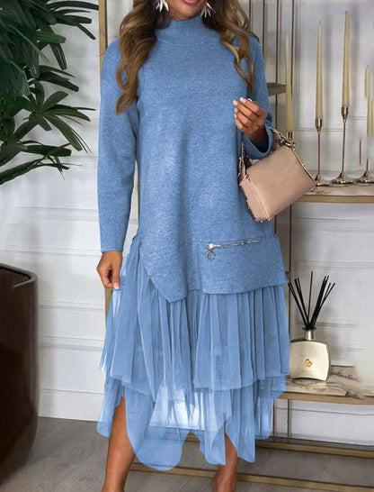 Layered Turtleneck Sweater Mesh Dress