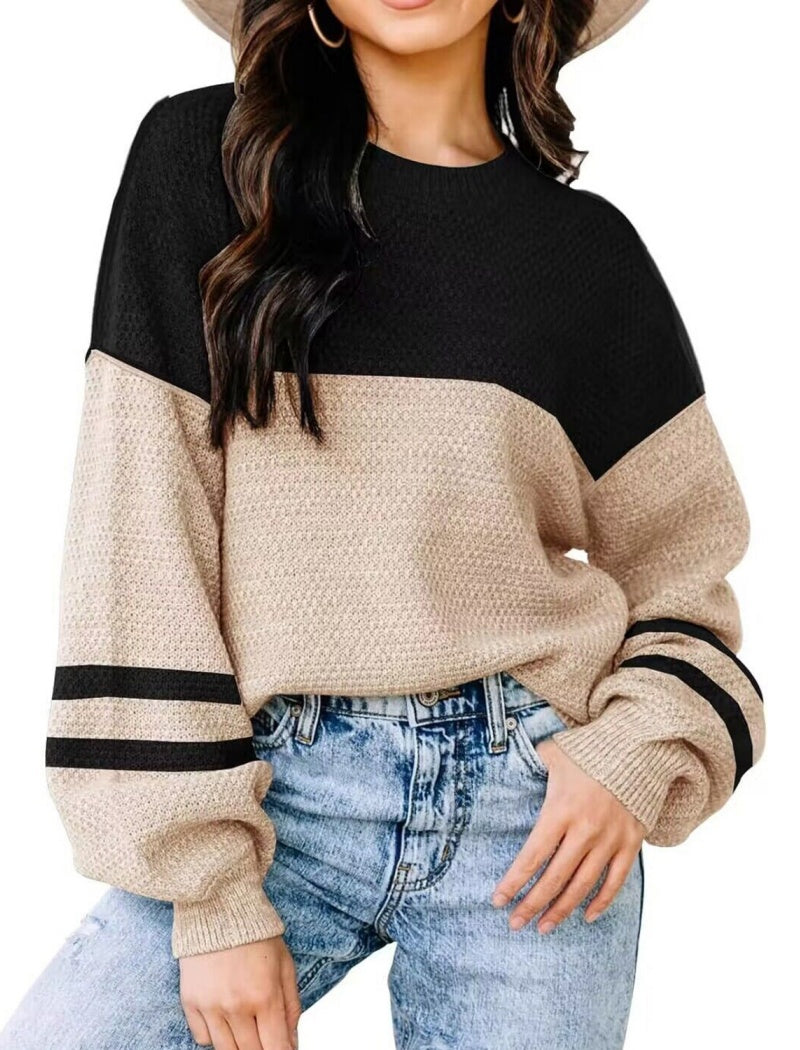 Oversized Waffle Knit Sweater with Contrast Stitching