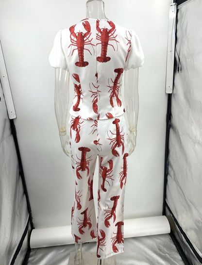 Lobster Print Bow Tie Casual Two-piece Set