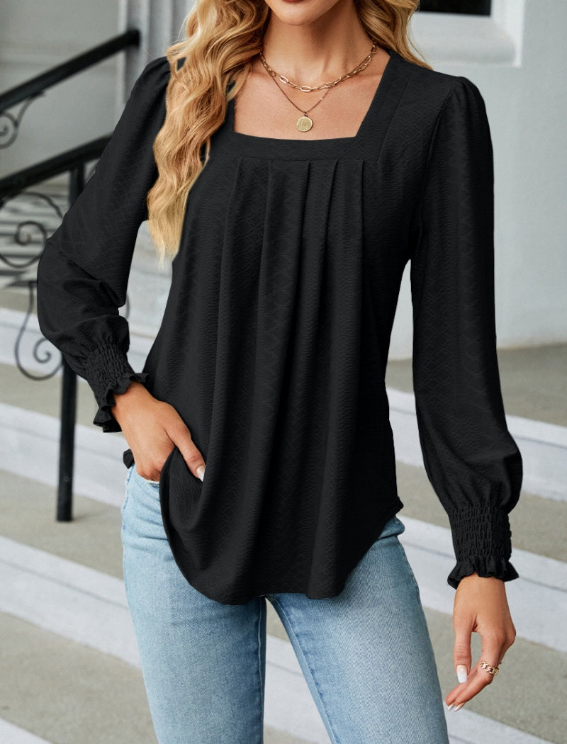 Jacquard Pleated Square Neck Long Sleeve Top