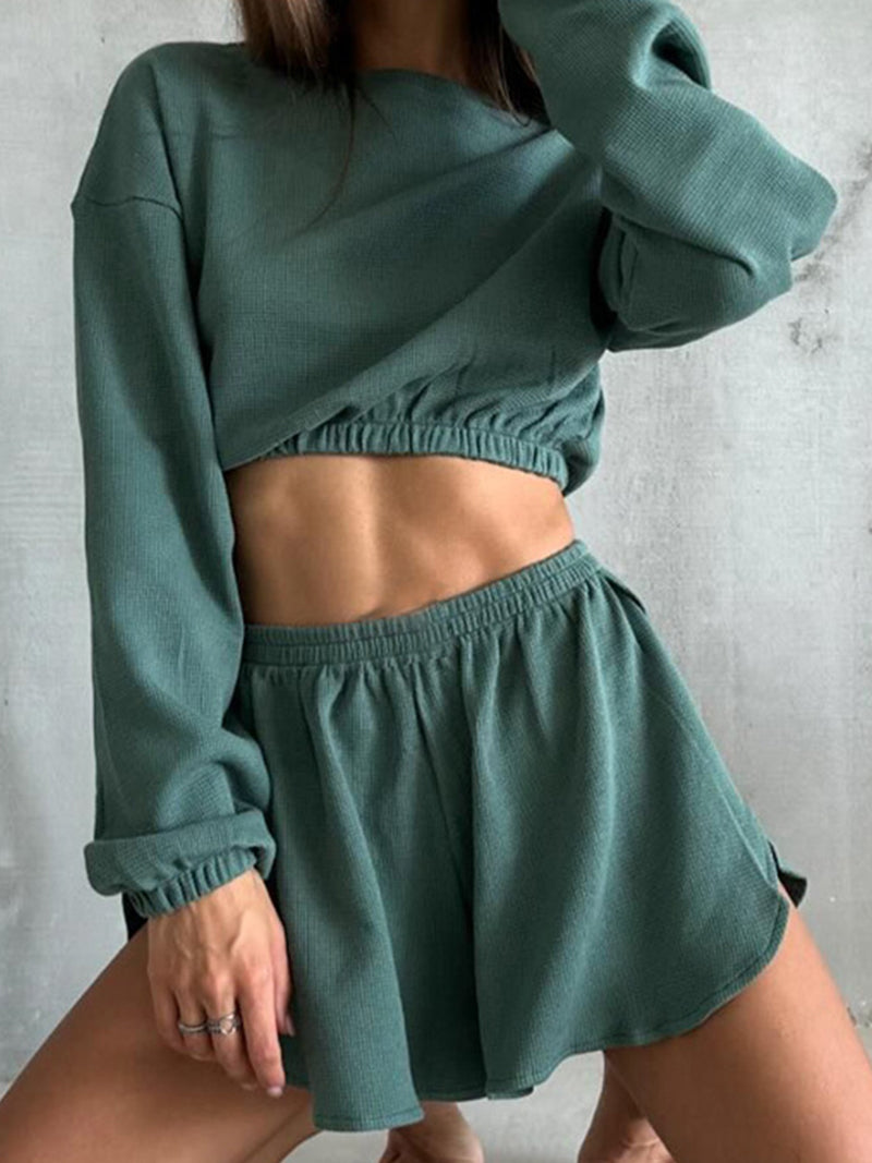 Solid Cropped Top and Slit Shorts Set