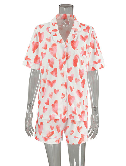 Button-Up Heart Print Short Pajama Set