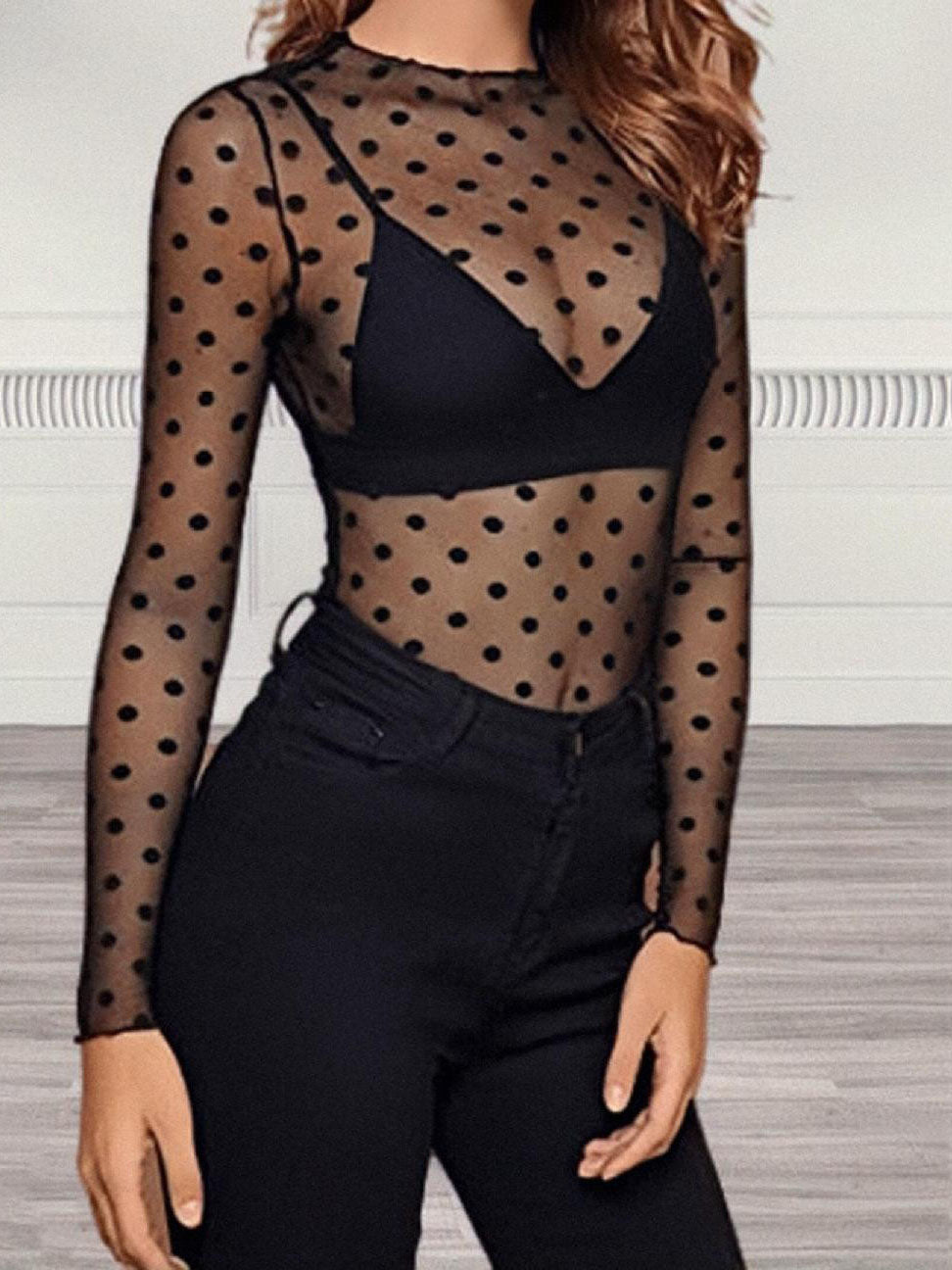 Polka Dots Sheer Long-Sleeve Top